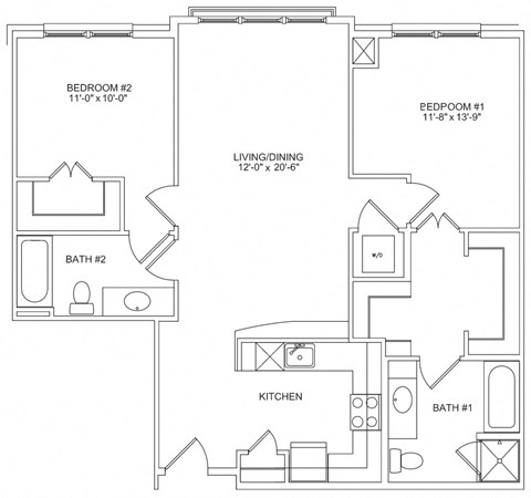 Floor plan for 2 beds, 2 baths, 1115 sqft